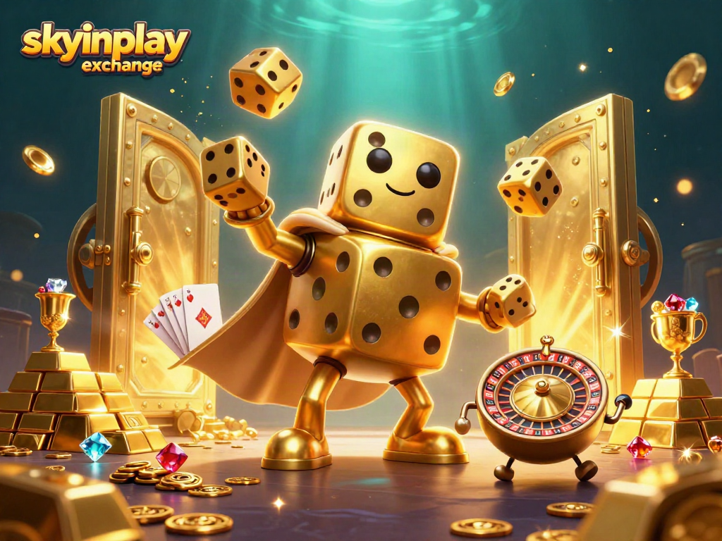 Experience thrilling moments with skyinplay exchange as golden dice juggle amidst treasures in this immersive casino scene.