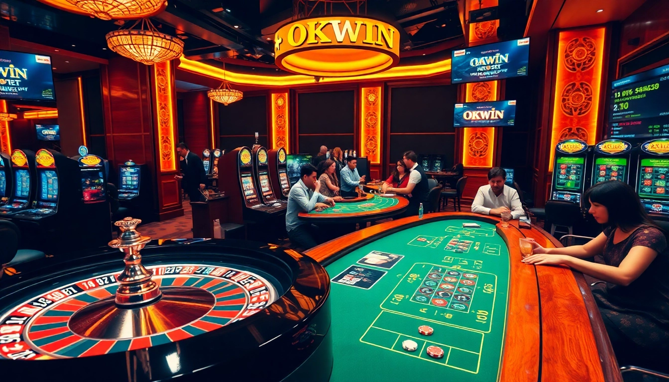 Experience the excitement of okwin com through a vibrant casino scene with players and betting.