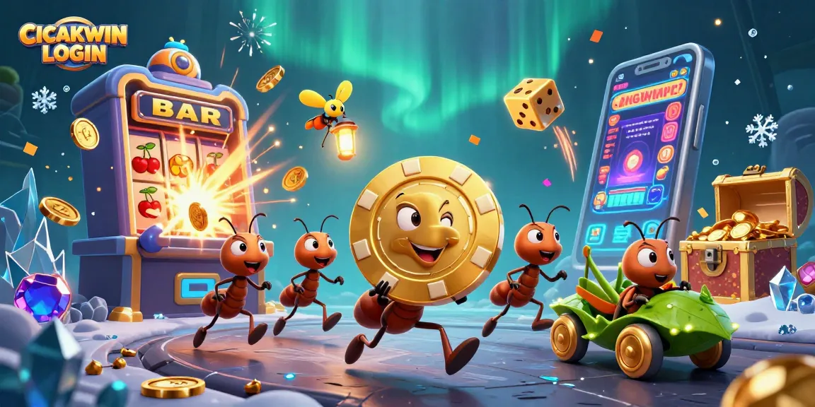 CICAKWIN LOGIN app showcases a 3D cartoon heist with ants and a grasshopper in a vibrant casino scene.