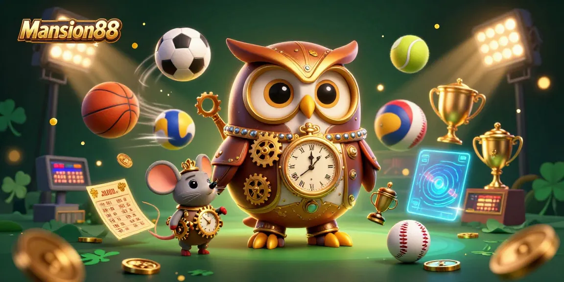 Mansion88 features an enchanting steampunk owl and mouse amidst a vibrant casino scene filled with sports elements.