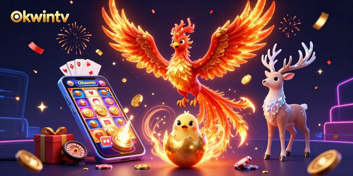 Experience seamless gaming with OKWINTV's vibrant 3D phoenix scene amidst dynamic casino elements.