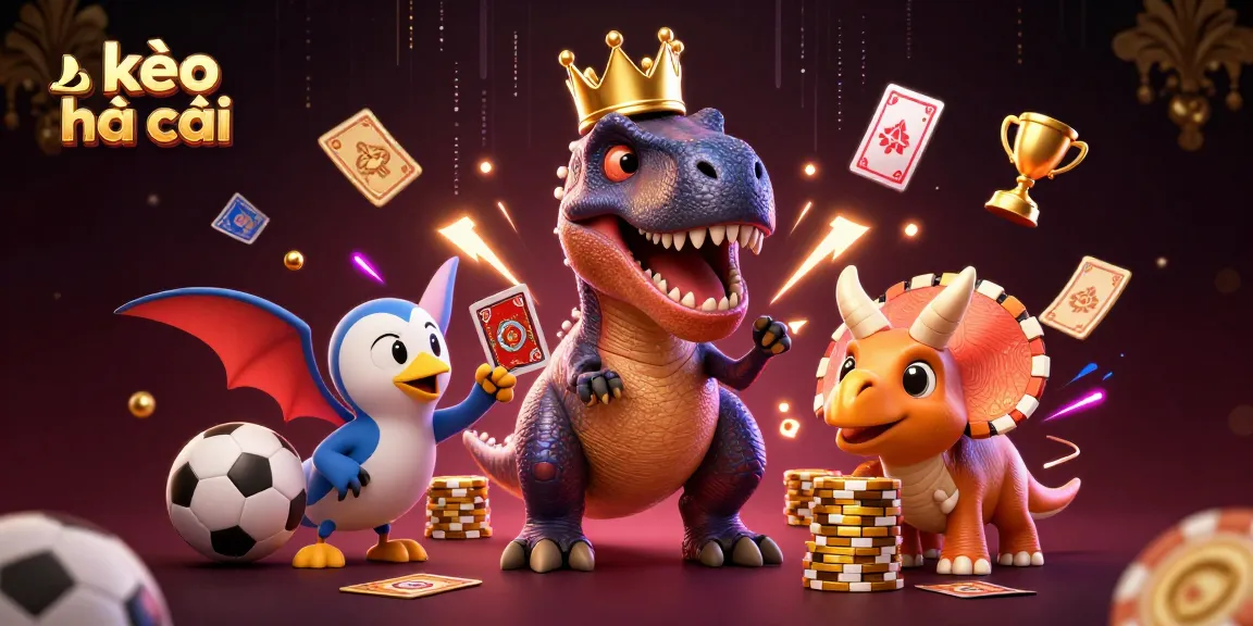 Place your bets with kèo nhà cái in this dynamic scene featuring a T-Rex, pterodactyl, and triceratops in a sports betting environment.
