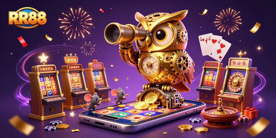 RR88 players experience a vibrant casino scene with a golden owl, slot games, and festive excitement.