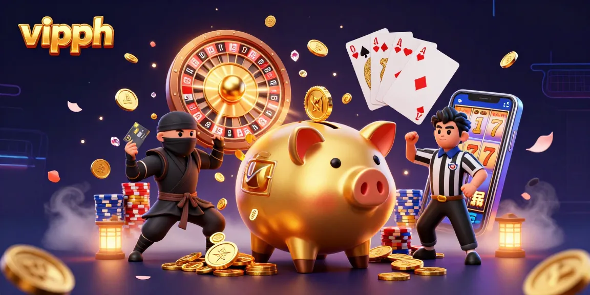 Experience thrilling action in vipph with dynamic 3D illustration of a golden piggy bank sumo wrestler surrounded by casino elements.