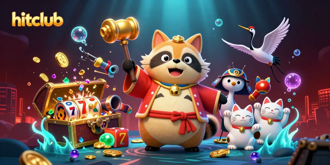Hitclub showcases a cheerful tanuki in festive attire amidst slot reels and golden treasures in a vibrant casino scene.