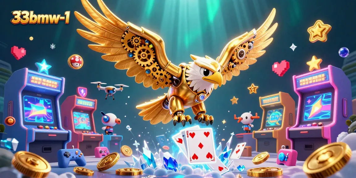 Engage in thrilling gameplay at 33bmw-1 with golden eagle diving amidst vibrant holographic cards, showcasing a dynamic casino experience.